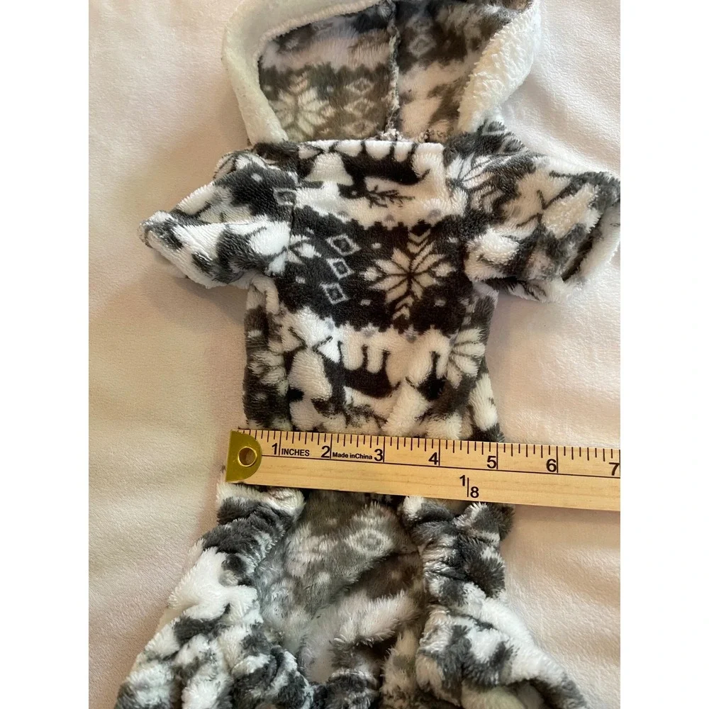 Grey White Fair Isle Reindeer Fleece Pet Pajamas Hooded Dog Cat One Piece Small